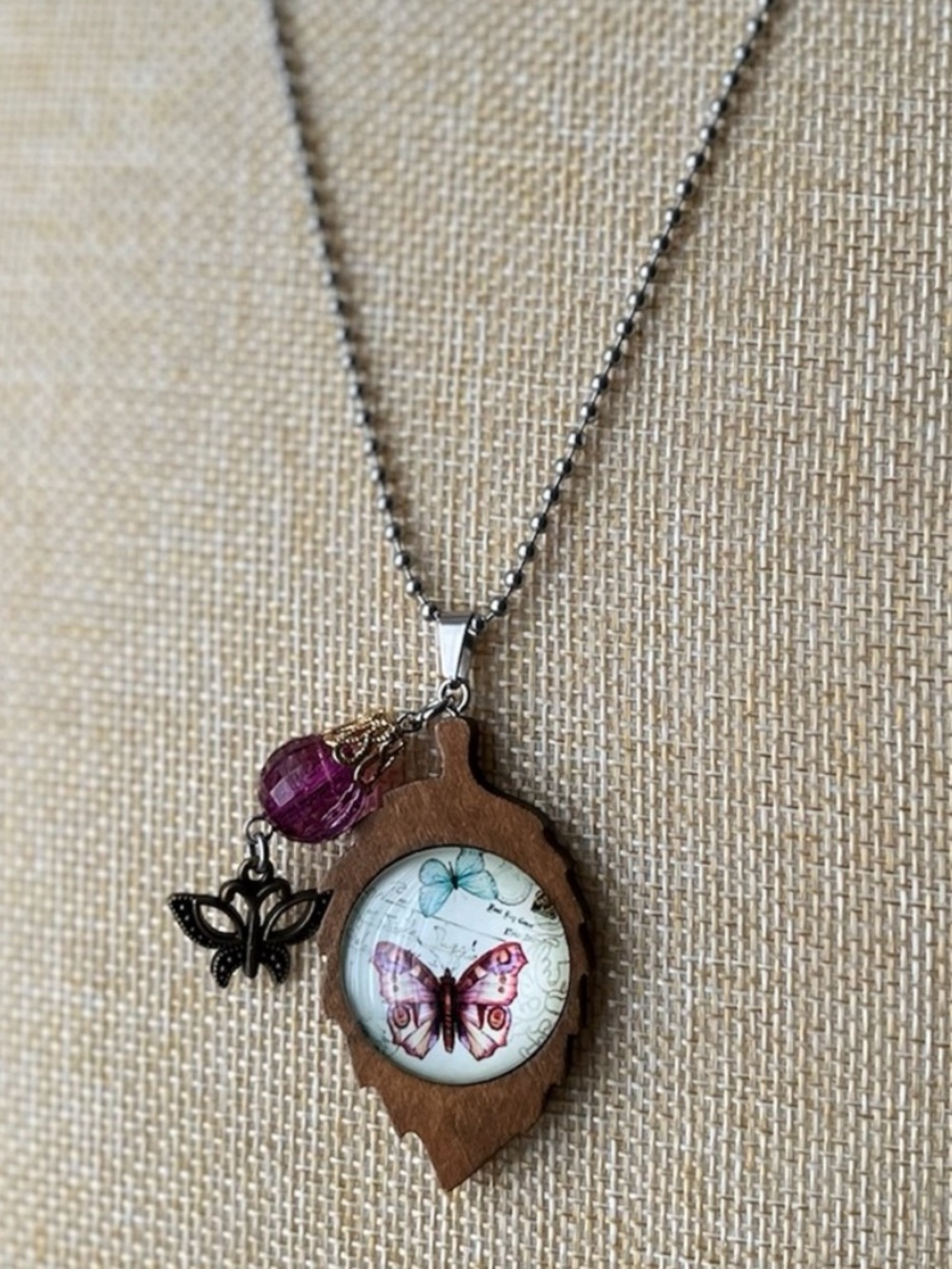Handcrafted Wooden Leaf Butterfly Necklace Boho Nature Inspired 26” - Picture 8 of 15